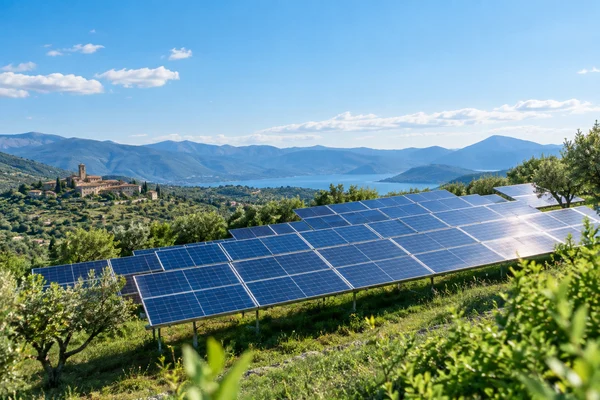 Pannelli fotovoltaici su una collina verde