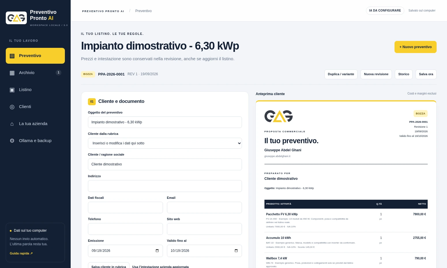 Schermata reale dell’app: Crea e personalizza il tuo preventivo